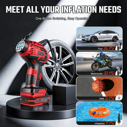 20V Portable Air Compressor, 980kPa Tire Inflator with Digital Display, Powered by NO/One/Two 1500mAh Rechargeable Battery, Includes 12V Car Adapter & Mini USB Connector, for Cars, Motorcycles, Bicycles, and Sports Balls
