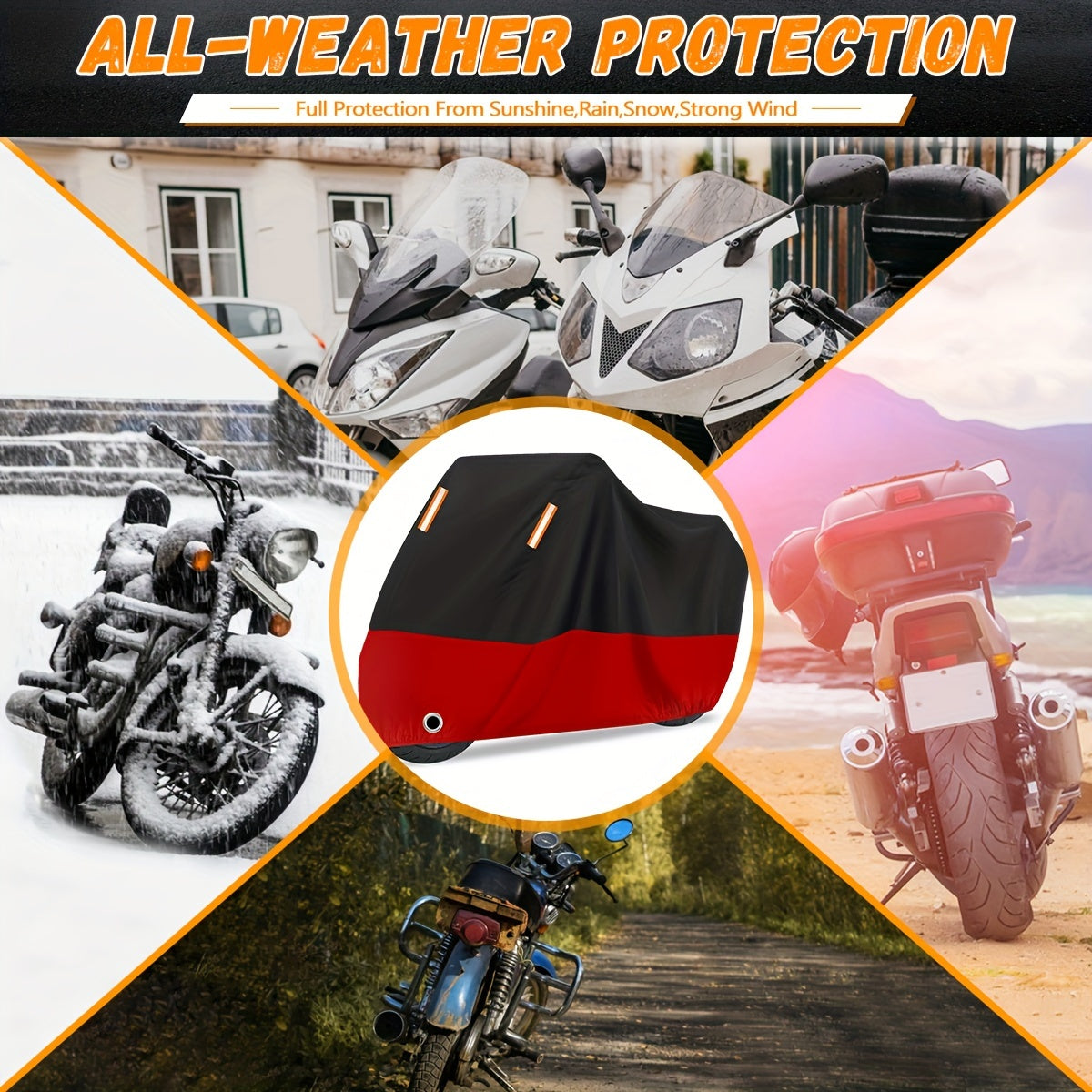 Motorcycle Cover, 210D Oxford Cloth All Weather Outdoor Wind And Sun Protection with Reflective Stripes for Harley Davidson for HONDA for SUZUKI Kawasaki Yamaha (Black And Red)