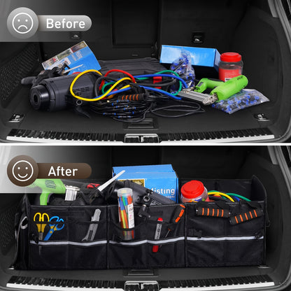 Car Trunk Organizer, Heavy Duty Foldable Storage Organizer, Collapsible Bag Cooler Bag with Lid, 3 Compartments & Straps, Insulated Leakproof Car Cargo Trunk Organizer for Car Truck