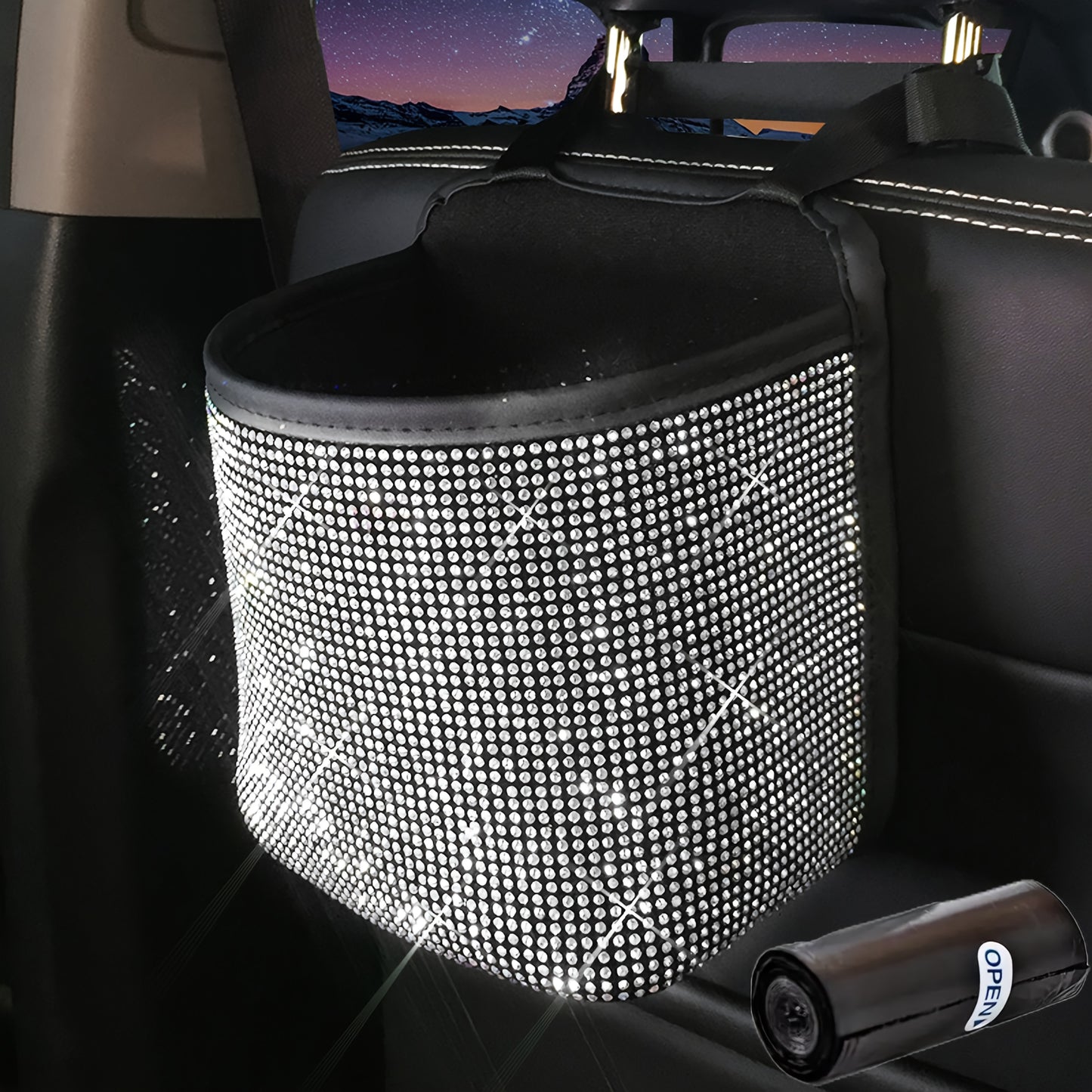 2pcs/set Sparkling Bling Rhinestones Car Trash Can+1pc Trash Bag- Durable & Convenient Hanging Storage Bag For Seat Back - Multifunctional, Space-Saving Car Interior Accessory, Premium Quality