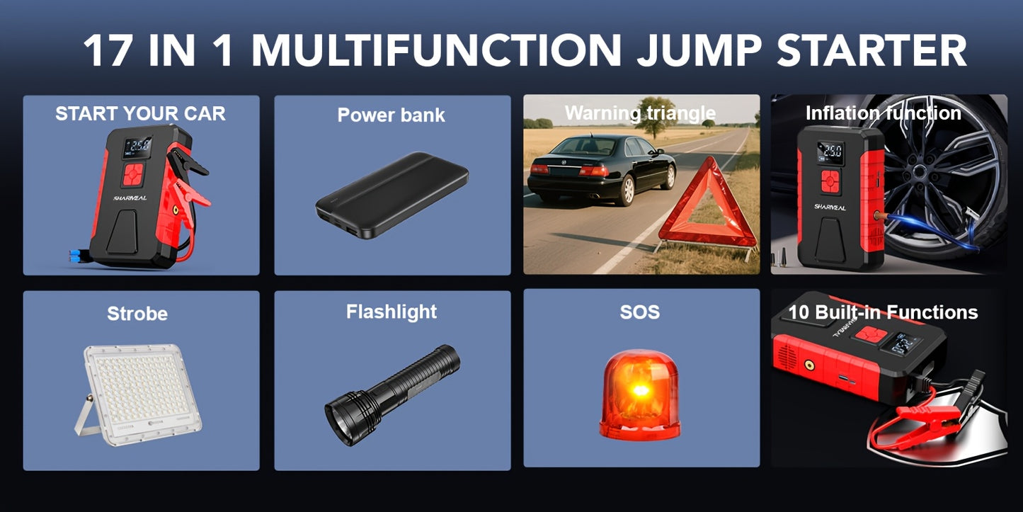 15000A-21000A Peak 350PSI 12V 17-in-1 Portable Jump Starter with Air Compressor Jump Starter, Car Battery Charger, Car Jump Starter with Air Compressor, Jump Starter Para, Car Accessories Tools, LED Light, Battery Charger, Cart Battery Charger