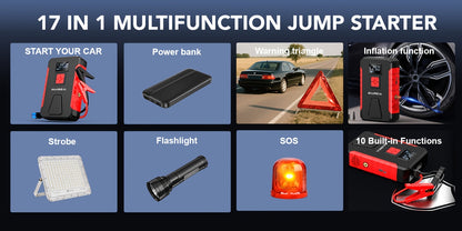 15000A-21000A Peak 350PSI 12V 17-in-1 Portable Jump Starter with Air Compressor Jump Starter, Car Battery Charger, Car Jump Starter with Air Compressor, Jump Starter Para, Car Accessories Tools, LED Light, Battery Charger, Cart Battery Charger