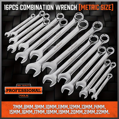 32pcs Combination Wrenches Featuring Both Box And Open Ends, Suitable for Standard Sizes in SAE And Metric Ranging from 1/4" to 1" And 7Mm to 22Mm, Made from Chrome Vanadium Steel And Comes with a Case