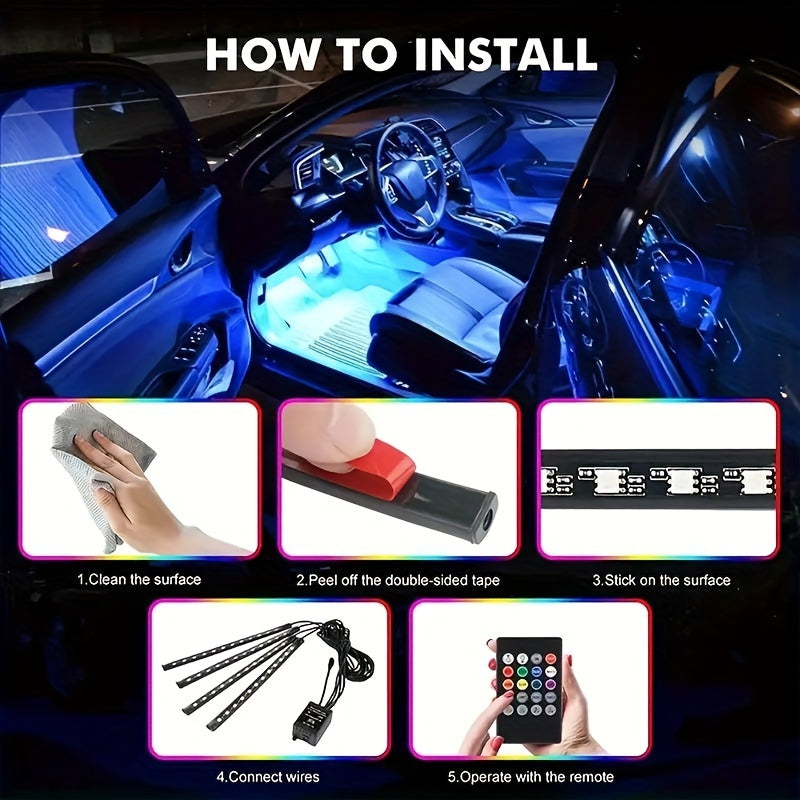 Set of 4 LED Lights for Car Interiors - Powered by USB, Featuring Colorful Underfoot Illumination That Syncs with Music to Create a Better Atmosphere, Without Battery