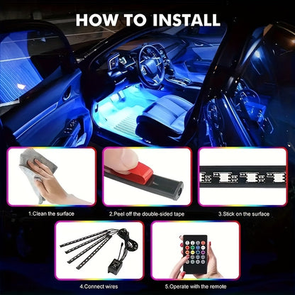 Set of 4 LED Lights for Car Interiors - Powered by USB, Featuring Colorful Underfoot Illumination That Syncs with Music to Create a Better Atmosphere, Without Battery