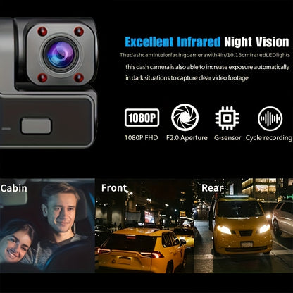 1080P Triple Camera Dash Cam, Car Camera with IR Night Vision, 170° Wide Angle Car DVR Camera, 16GB/32GB TF Card Optional, Loop Recording, G-Sensor | 2-Inch IPS Screen Dual Lens Car Dashboard Video Cam, 24H Parking Mode, Christmas Gift