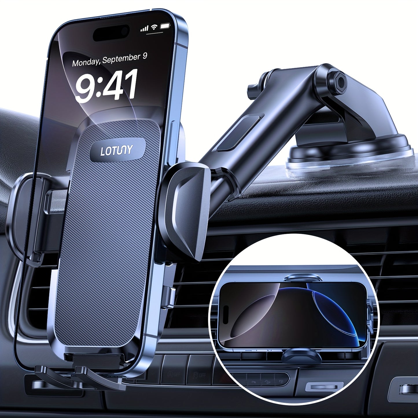 3-in-1 Car Phone Holder, Adjustable Hands-Free Mount for iPhone Samsung Google Pixel & 4"-7.2" Phones, Sturdy Suction Cup with Ergonomic Grip, Black, Modern Design with Textured Grip Surface, Perfect Car Accessory Gift