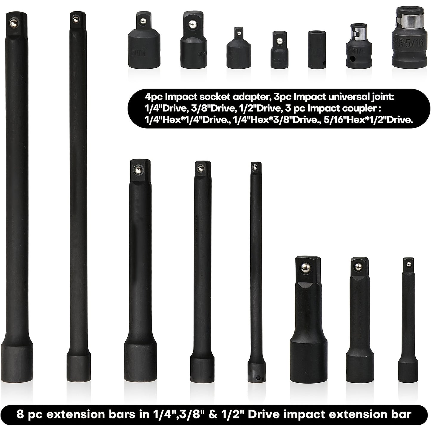 18pcs Drive Tool Accessories Kit: Includes Socket Adapters, Extension Bars, Universal Joints, And Impact Couplers, Professional Socket