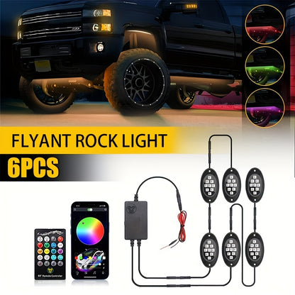 RGB LED Rock Lights Kit 9-LED Pods Sound-Activated App & Remote Control Multicolor Underglow Neon for Trucks SUVs Pickups Off-Road Vehicles 4 6 8 10pcs