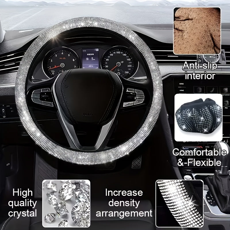 27pcs Bling Car Accessories Set for Women, Bling Steering Wheel Covers Universal Fit 15 Inch, Bling Car Coasters, Bling License Plate Frame, Car Phone Holder