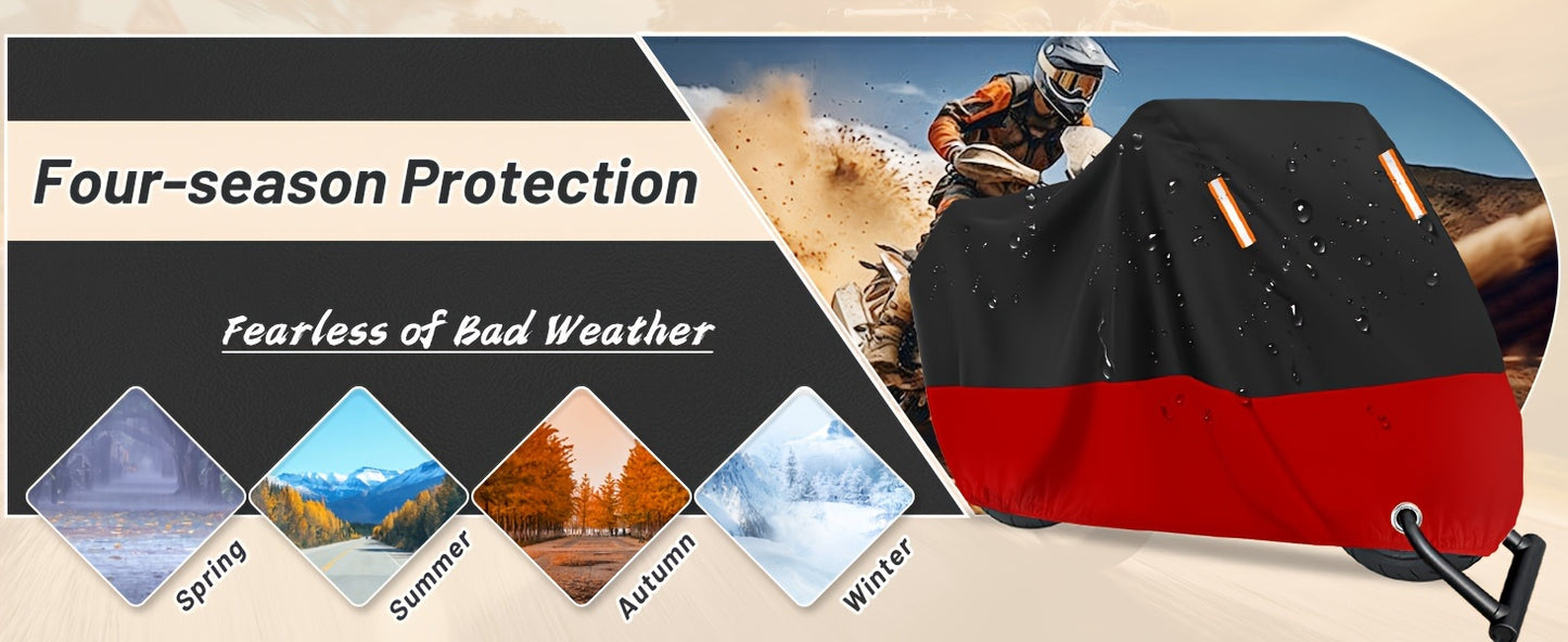 Motorcycle Cover, 210D Oxford Cloth All Weather Outdoor Wind And Sun Protection with Reflective Stripes for Harley Davidson for HONDA for SUZUKI Kawasaki Yamaha (Black And Red)