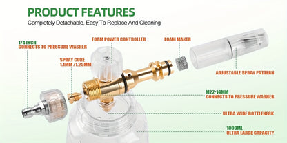 Pressure Washer Foam Soap Cannon Dual Connector Accessory - Power Wand With 5 Nozzle Tips And 1/4" Quick Connect For Car Wash - 5000PSI
