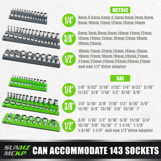 [Magnetic Socket Organizer Set] 6pcs SUNHZMCKP Magnetic Socket Organizer Set | 1/4", 3/8", 1/2" Metric & SAE Socket Holders for Tool Box Drawer, Holds 143pcs Standard And Deep Size Sockets, Fine Father's Day Gifts