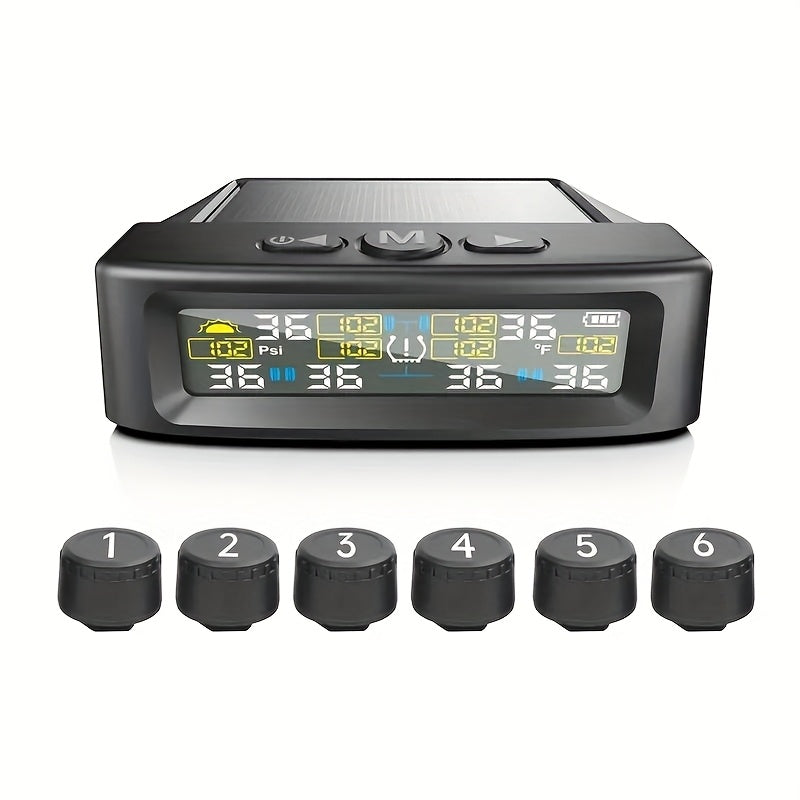 6-Wheel Tire Pressure Monitoring System, Solar Charging Tire Pressure Monitor, with 6 Sensors And 6 Alarm Modes, Real-Time Data Display Suitable for Trucks, Suvs, Vehicles, Enhanced Safety, Host solely Receives