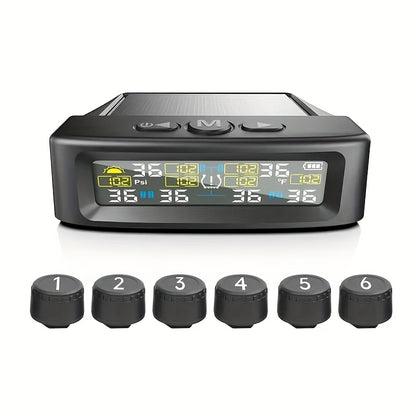 6-Wheel Tire Pressure Monitoring System, Solar Charging Tire Pressure Monitor, with 6 Sensors And 6 Alarm Modes, Real-Time Data Display Suitable for Trucks, Suvs, Vehicles, Enhanced Safety, Host solely Receives