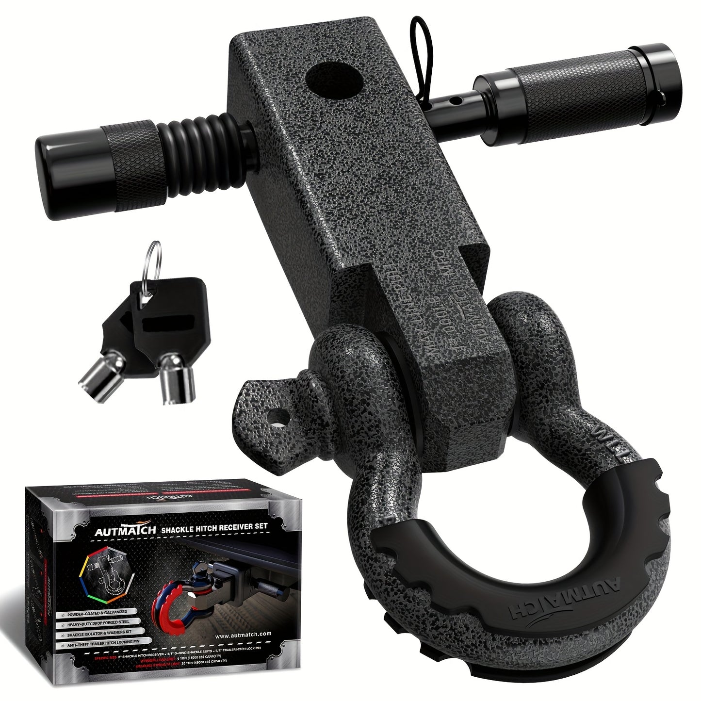 AUTMATCH 2-Inch Heavy Duty Shackle Hitch Receiver Kit - 45,000 lbs Break Strength, High-Strength Drop-Forged Towing System with Lock Pin & D-Ring Shackle for Truck,, RV, ATV, Boat Recovery ( Fit)