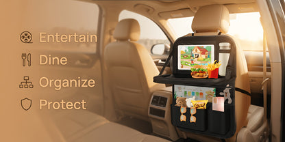 Car Backseat Organizer with Tablet Holder, 6 Storage Pockets Car Storage Organizer with Foldable Food Tray, Protectors Kick Mats Travel Accessories-Black