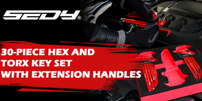 30pcs Long Arm Ball End L-Hex & Torx Key Set with Grip Handle, Ultimate Hex Key Wrench Set with T-Handle And Extension Bars, SAE 1/16" to 3/8", Metric 1.5mm to 10mm, Torx T10 to T50 Father's Day Gift for Dad Husband DIY Lovers