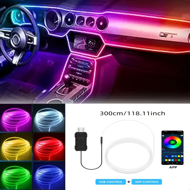 Car Interior Ambient Lighting Kit 3M RGB 7-Color LED Strip App & Remote Control Music Sync for Doors Console Dashboard Decoration