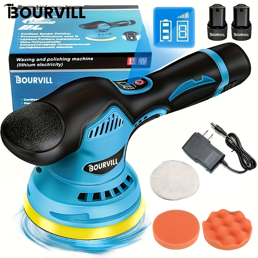 BOURVILL Cordless Car Polisher, Car Polishing Kit, with Battery, 8 Gears, up to 5000 RPM, 5-inch Grinding Screen Button, for Car Detailing/scratch Removal