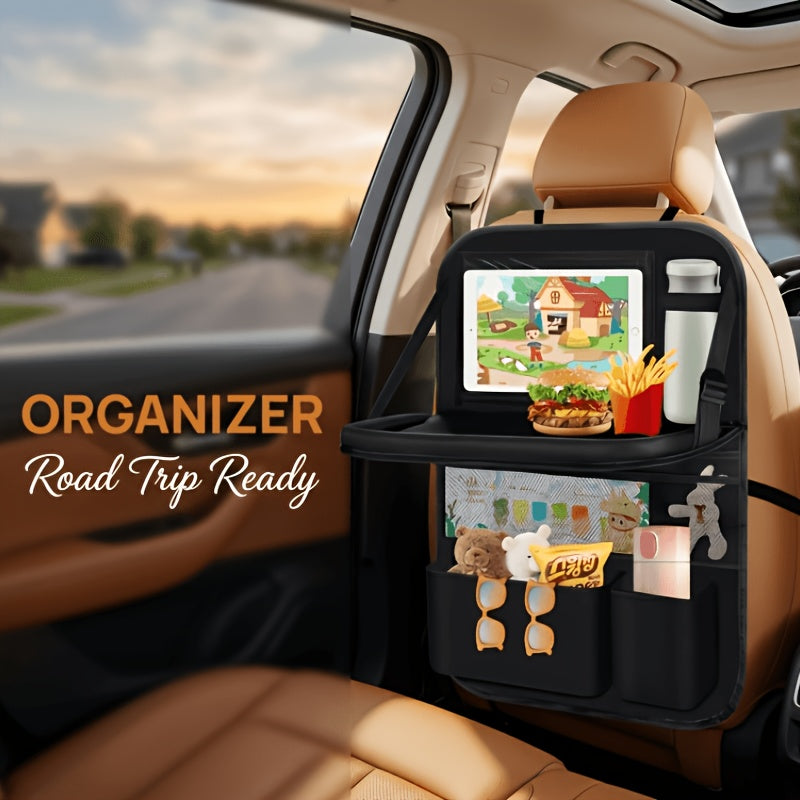 Car Backseat Organizer with Tablet Holder, 6 Storage Pockets Car Storage Organizer with Foldable Food Tray, Protectors Kick Mats Travel Accessories-Black