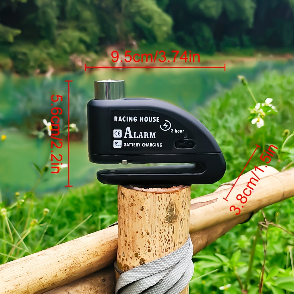 Motorbike Security Lock with a Disc Brake Mechanism, Featuring a 120Db Alarm System, a 500Mah Rechargeable Battery, And Includes a USB Charging Cable And Reminder Rope