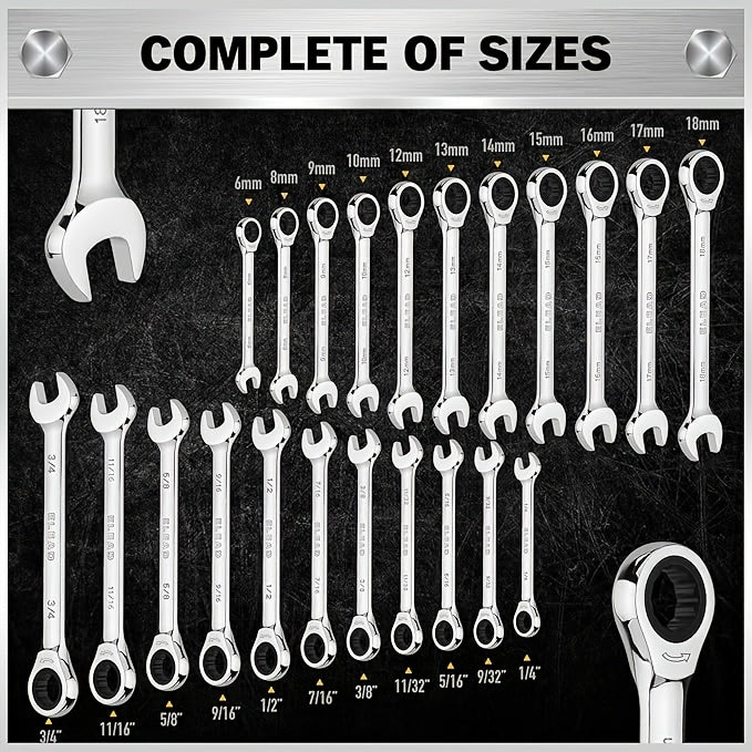 33pcs Combination Ratchet Wrench Set, SAE And Metric Sizes, 72-Tooth Gear Design, CR-V Steel, Adjustable, Manual Operation for Car Maintenance (Includes 22 Ratcheting Wrenches, 4 Adapters, And 6 Screwdriver Bits, And 1 Storage Case)