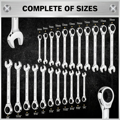 33pcs Combination Ratchet Wrench Set, SAE And Metric Sizes, 72-Tooth Gear Design, CR-V Steel, Adjustable, Manual Operation for Car Maintenance (Includes 22 Ratcheting Wrenches, 4 Adapters, And 6 Screwdriver Bits, And 1 Storage Case)