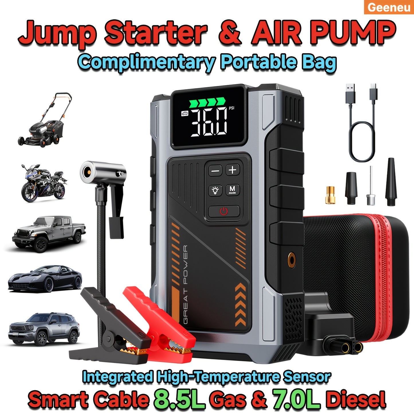 Portable Car Jump Starter with Air Compressor, Jump Starter for Car, 5000A Peak(2.11gal Gas, 1.72gal Diesel) with 150 PSI Tire Inflator, 12V Car Battery Jump Power Pack, Car Jumper Starter Portable, 5in 1 Function Jump, Battery Charger, Smart Cables
