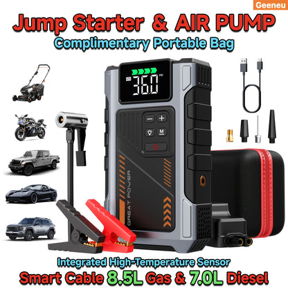 Portable Car Jump Starter with Air Compressor, Jump Starter for Car, 5000A Peak(2.11gal Gas, 1.72gal Diesel) with 150 PSI Tire Inflator, 12V Car Battery Jump Power Pack, Car Jumper Starter Portable, 5in 1 Function Jump, Battery Charger, Smart Cables
