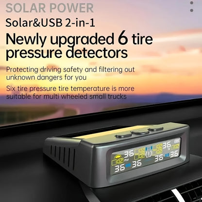6-Wheel Tire Pressure Monitoring System, Solar Charging Tire Pressure Monitor, with 6 Sensors And 6 Alarm Modes, Real-Time Data Display Suitable for Trucks, Suvs, Vehicles, Enhanced Safety, Host solely Receives