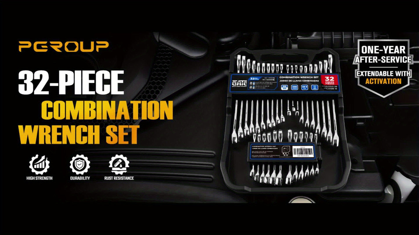 32pcs SAE & Metric Combo Wrench Set (20 Long & 12 Short-Reach Wrenches), 14pcss Premium Metric (6 - 19mm) & 14pcss SAE (1/4" - 15/16") Combo Wrenches With Open & 12-Point Box Ends, CR-V Steel, Mirror Chrome Polished