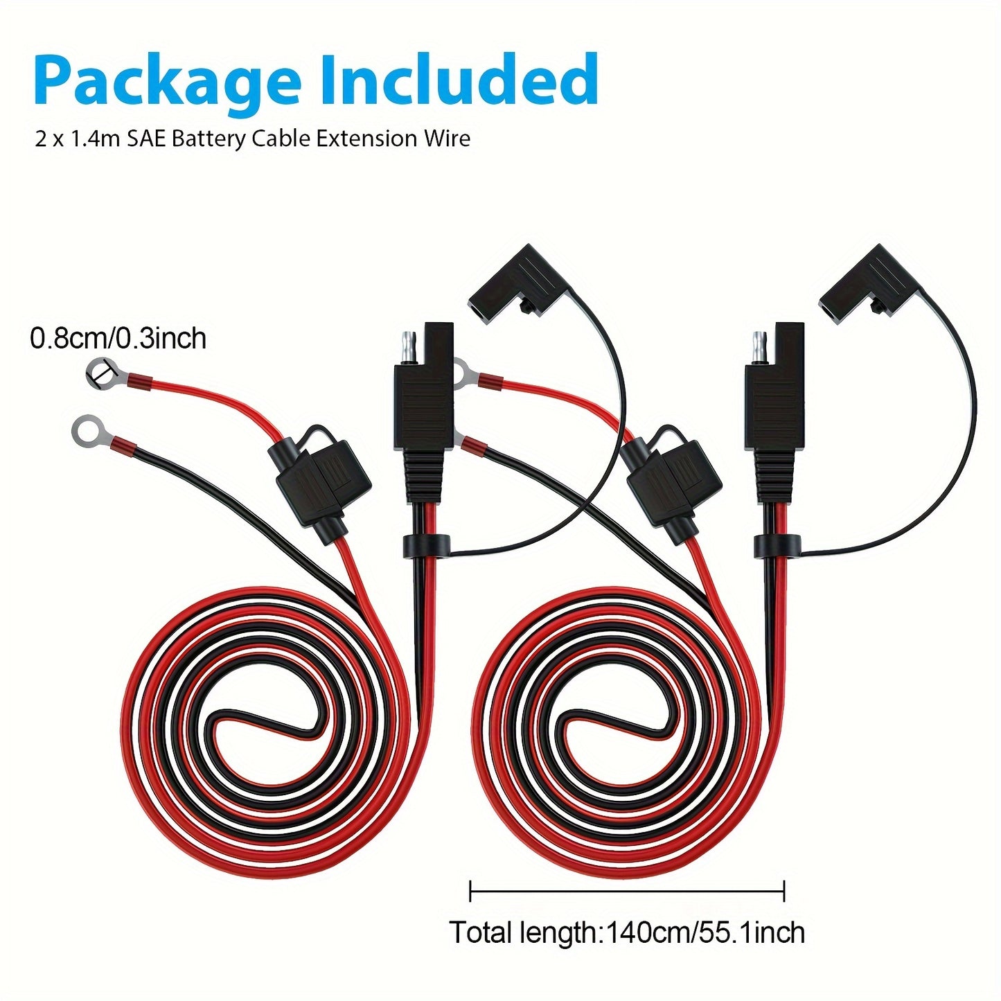 SAE Battery Cable Extension Wire with Fuse – 2pcs (SAE to O-Ring Terminal)
