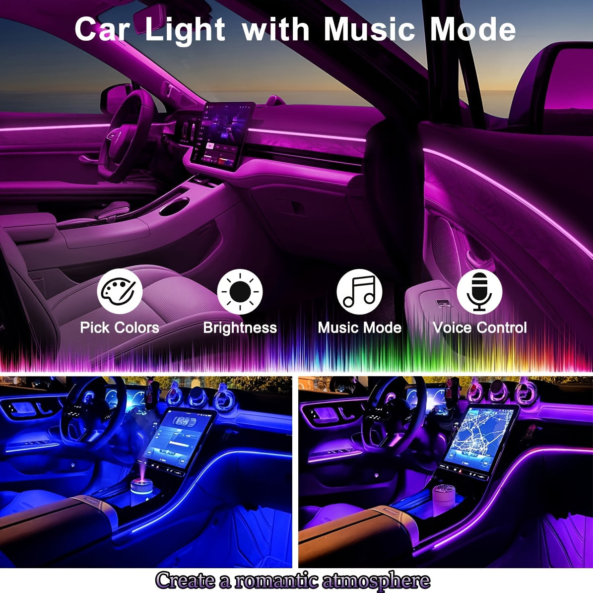 RGB Car Interior Ambient Light Kit – 5-in-1 Fiber Optic LED Strip 276 Inch, 16 Million Colors, Music Sync, App Control for Cars, Trucks & SUVs