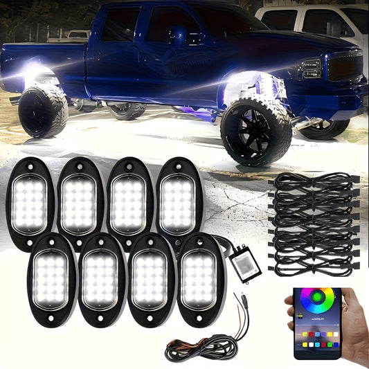 4/8Pods, Car Accessory Exterior Accessories RGB LED Rock And Roll Lighting Kit, with APP/RF, Chasing Dream Color Multi-color Downlight And Music Mode 12V Exterior Lights, Vibrant Colored Lights for Trucks, UTV Golf Cars, Off-road Vehicles