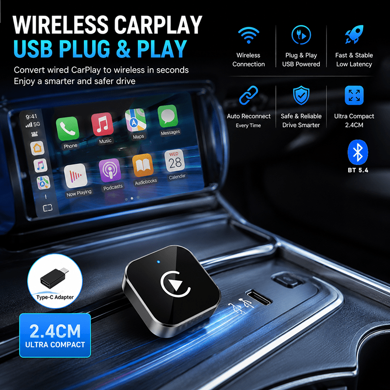2026 NEW Wireless Carplay Adapter & Android Auto 2026 Upgrade Wired CarPlay to Wireless, 2-in-1 Mini USB Design with Fast Stable Connection Car Play for Apple IOS 10+, Android 11+ Version Car Play Wireless Adapter Carplay Wireless Free Type-C Adapter