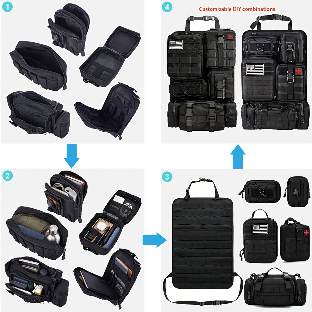 Car Seat Back Organizer with 5 MOLLE Pouches – Truck SUV Jeep Vehicle Panel Storage + 6 Keychains