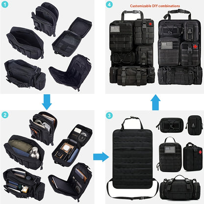 Car Seat Back Organizer with 5 MOLLE Pouches – Truck SUV Jeep Vehicle Panel Storage + 6 Keychains