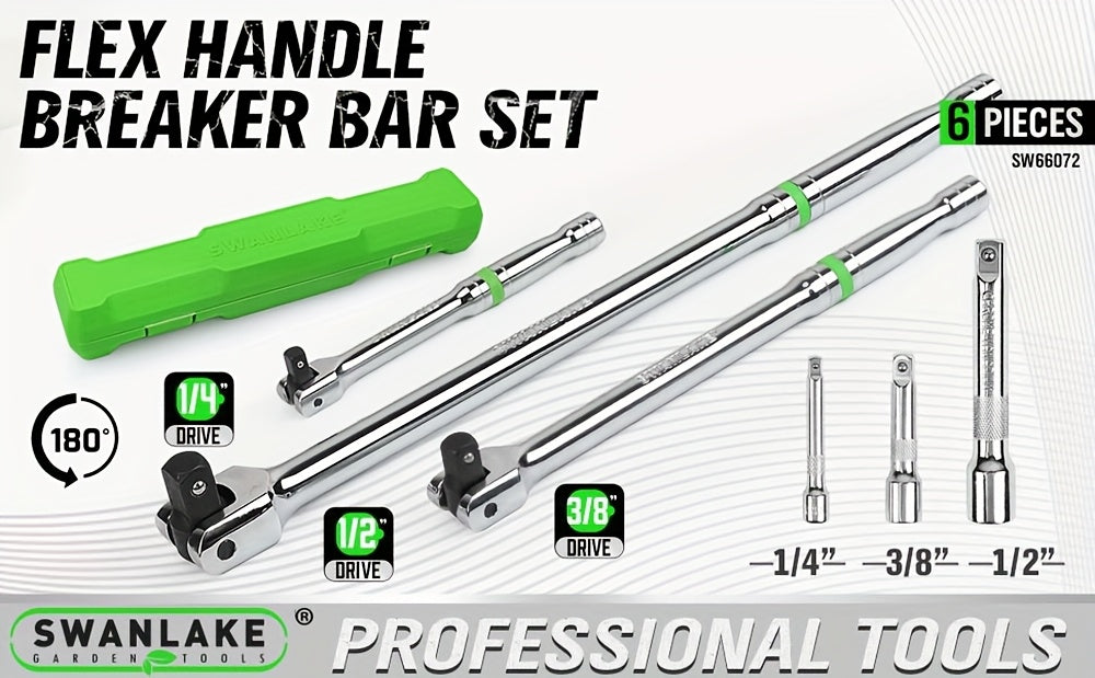 [Heavy Duty Breaker Bars] 6pcs Breaker Bar Set, 1/4", 3/8" & 1/2" Drive, Heavy Duty Breaker Bars, 6-inch, 10-inch, 15-inch Length with 180° Rotatable Head, Chromium Vanadium Steel
