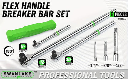 [Heavy Duty Breaker Bars] 6pcs Breaker Bar Set, 1/4", 3/8" & 1/2" Drive, Heavy Duty Breaker Bars, 6-inch, 10-inch, 15-inch Length with 180° Rotatable Head, Chromium Vanadium Steel