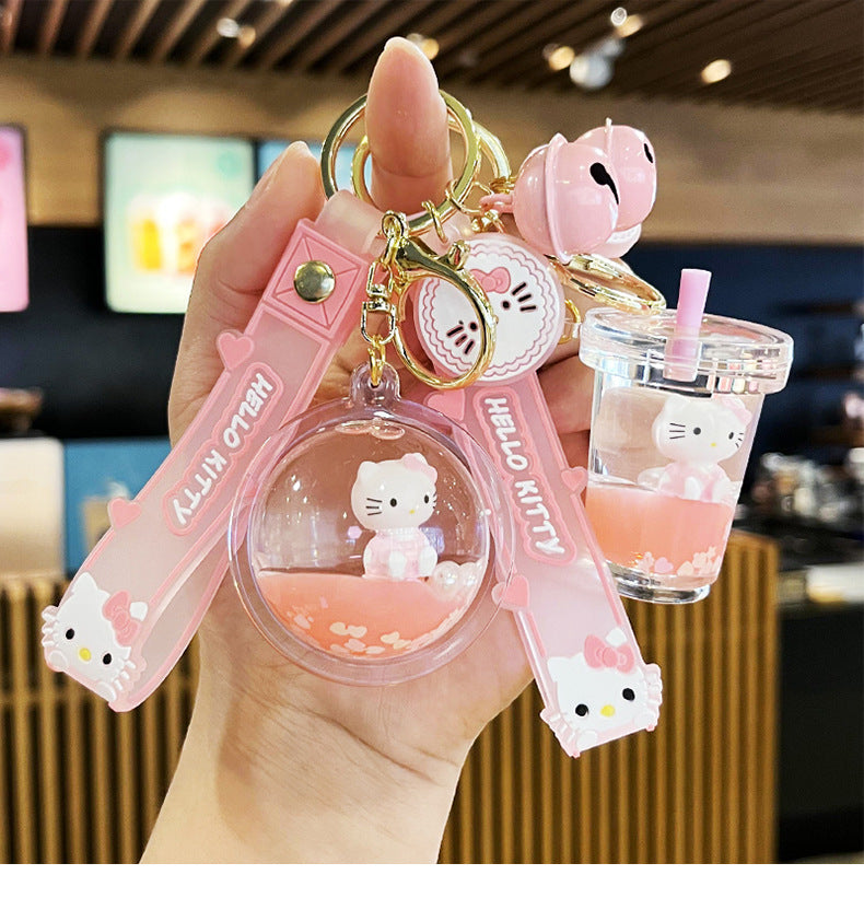 2D Flat, Cute KT Cat Quicksand Keychain Female Creative Cartoon Doll Student School Bag Pendant Car Key Chain Trinkets