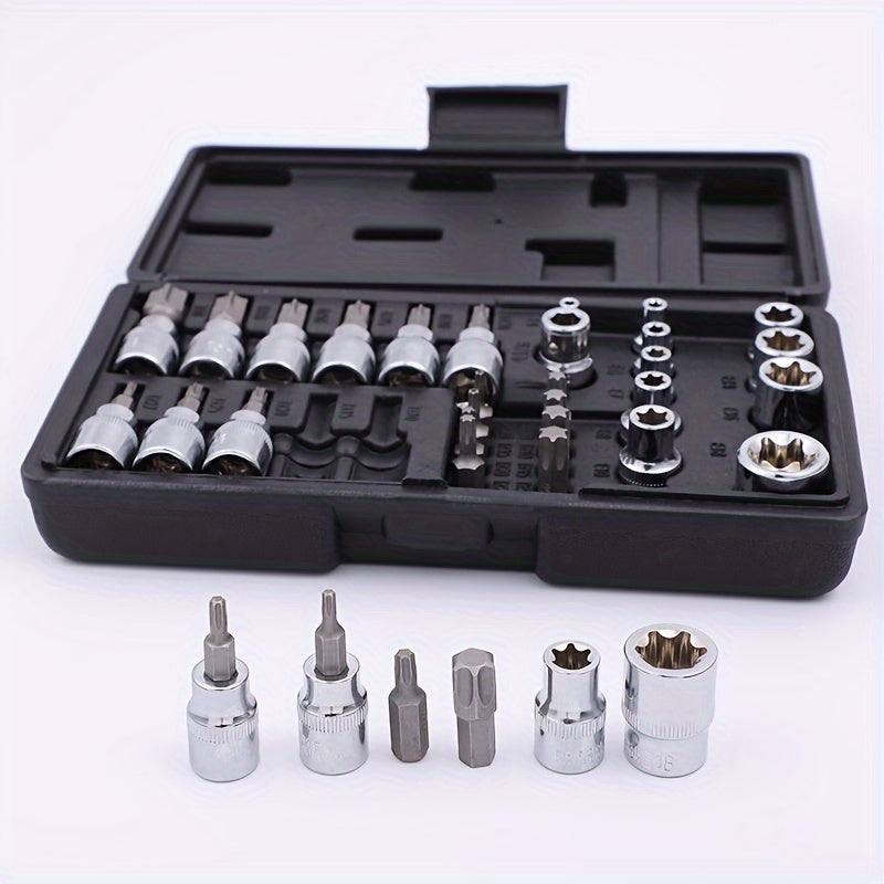 Set of 34 Torx Bit Sockets And E-Torx Sockets for 1/4", 3/8", And 1/2" Drives, Including Both Male And Female E-Torx Security Bits, Designed for Handheld Use