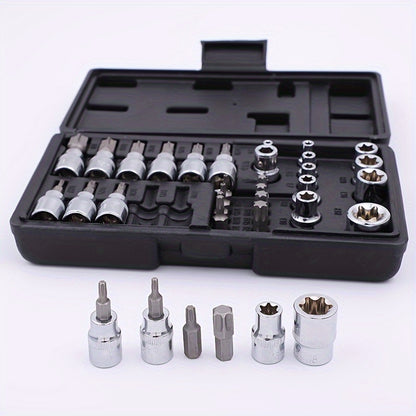 Set of 34 Torx Bit Sockets And E-Torx Sockets for 1/4", 3/8", And 1/2" Drives, Including Both Male And Female E-Torx Security Bits, Designed for Handheld Use