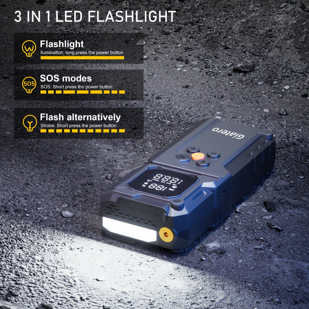 Jump Starter with Air Compressor 10000A 160PSI, 8000mAh Portable Battery Pack for Gas 3.7G & Diesel 3.17G, USB-C QC3.0, 3-Mode Flashlight, Large Display — Giatero Q27