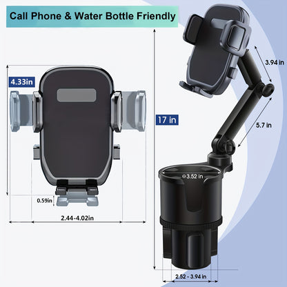 Cup Holder Phone Mount, 2-In-1 Cup Holder Expander for Car Long Arm with 360° Rotation Cup Holder Cell Phone Holder for Car Compatible with All Smartphones