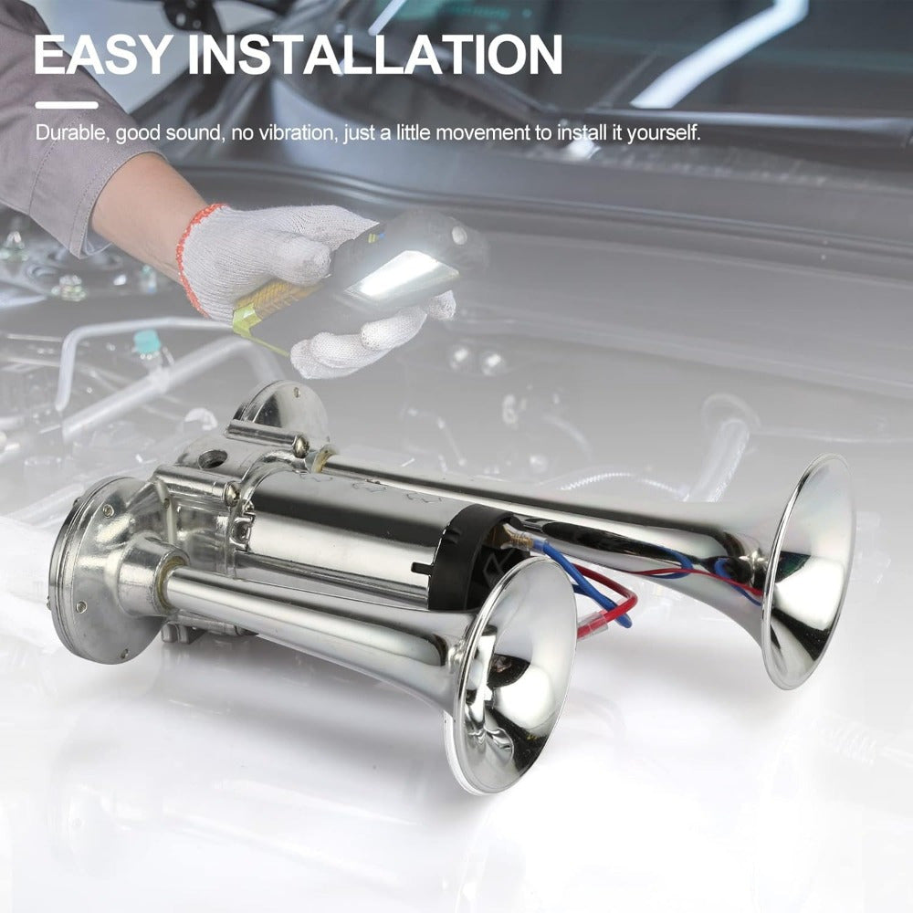 Dual Trumpet Electric Air Horn 110dB 12V Chrome for Car Truck Boat SUV Motorcycle – Loud Horn Kit with Compressor & Mounting Hardware