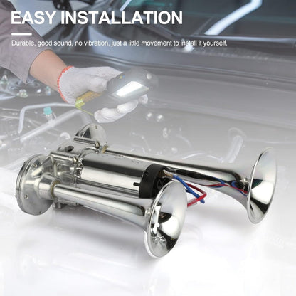 Dual Trumpet Electric Air Horn 110dB 12V Chrome for Car Truck Boat SUV Motorcycle – Loud Horn Kit with Compressor & Mounting Hardware