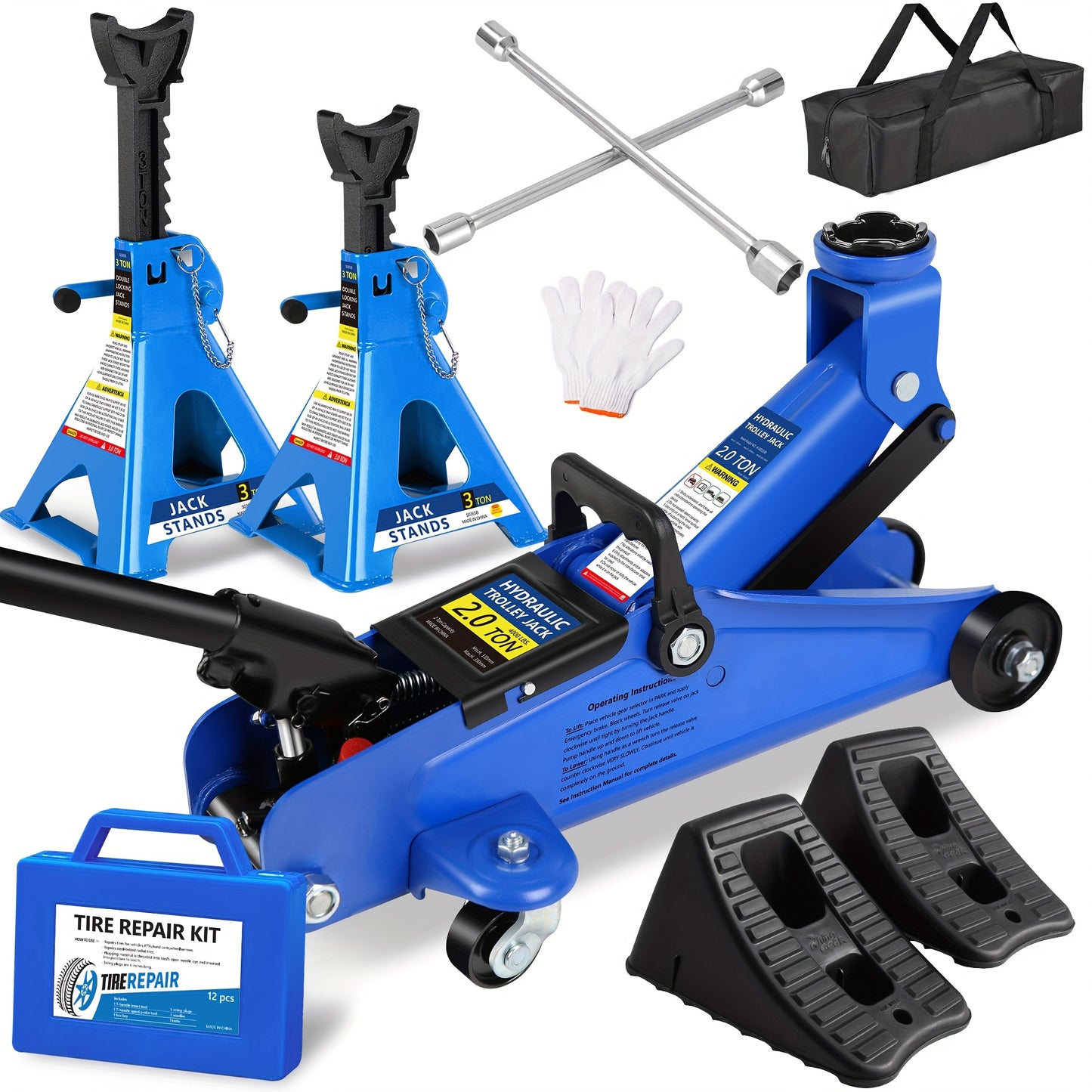 2/2.5/3 Ton Capacity, Jack Kit Low Profile Hydraulic Trolley Service/Floor Jack Combo, Multiple Meal Plans to Choose from 3 Ton Jack Stands 2PCS, Tire Repair Kit, 14-inch Wheel Cross Wrench, Wheel Chock, Jack Accessories Red/Blue
