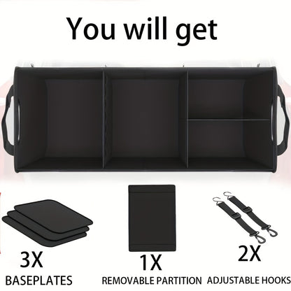 Foldable 25.1gal Car Trunk Organizer | Multi-Compartment Storage with 4 Compartments and 2 Retractable Straps, Ideal for Travel, Camping, Shopping, Fits SUVs, Trucks, Minivans