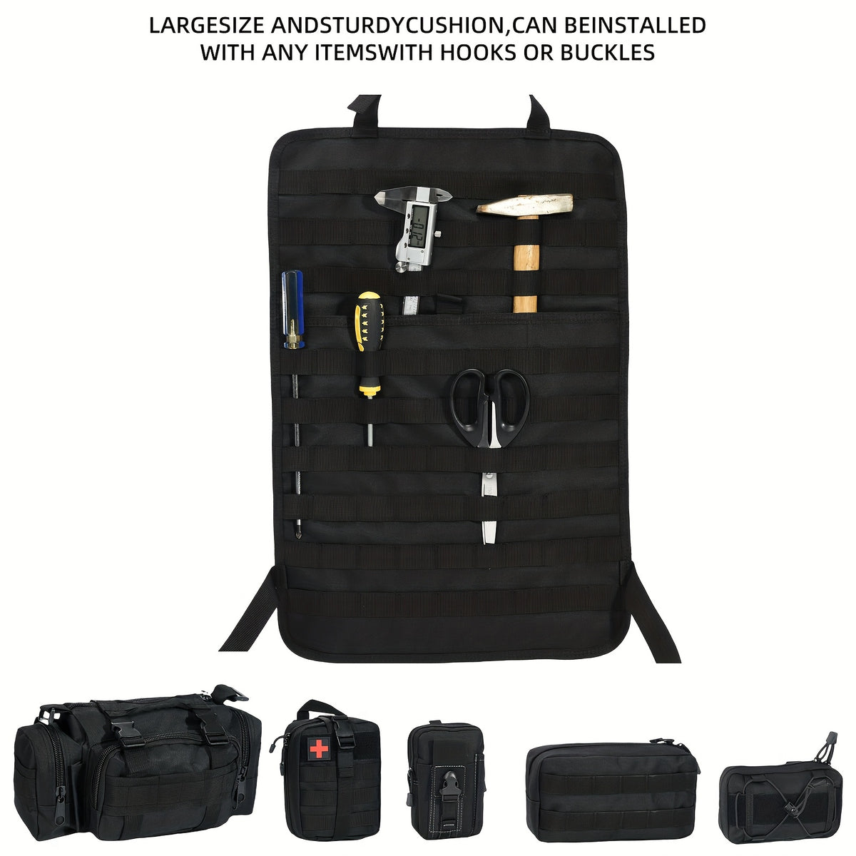 MOLLE Tactical Car Seat Organizer 5-Pocket – Heavy-Duty Nylon Seat Back Storage Bag | Universal Fit Jeep Truck SUV Off-Road Black